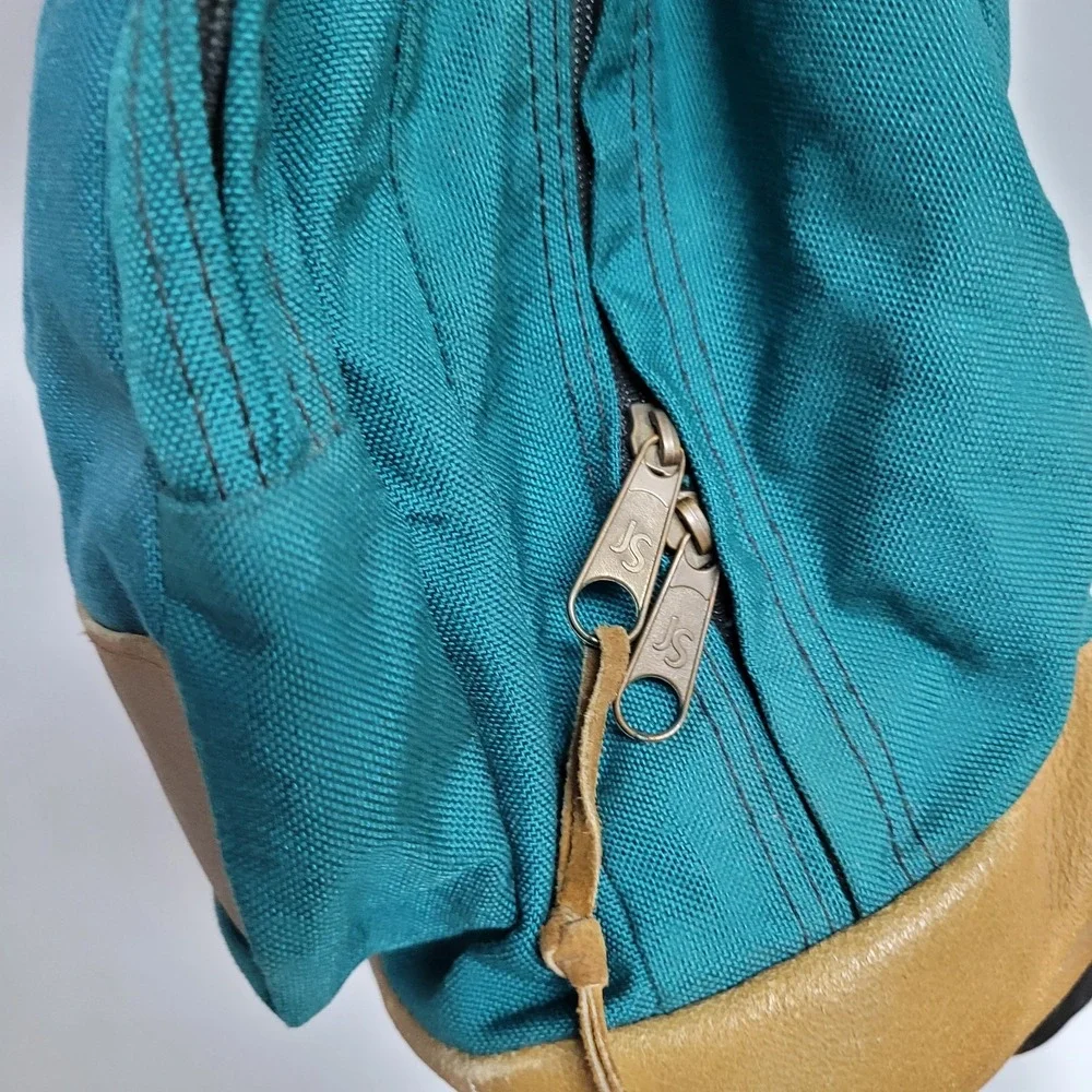 Vintage Jansport Rucksack Green Outdoor Backpack USA Made Leather Accents